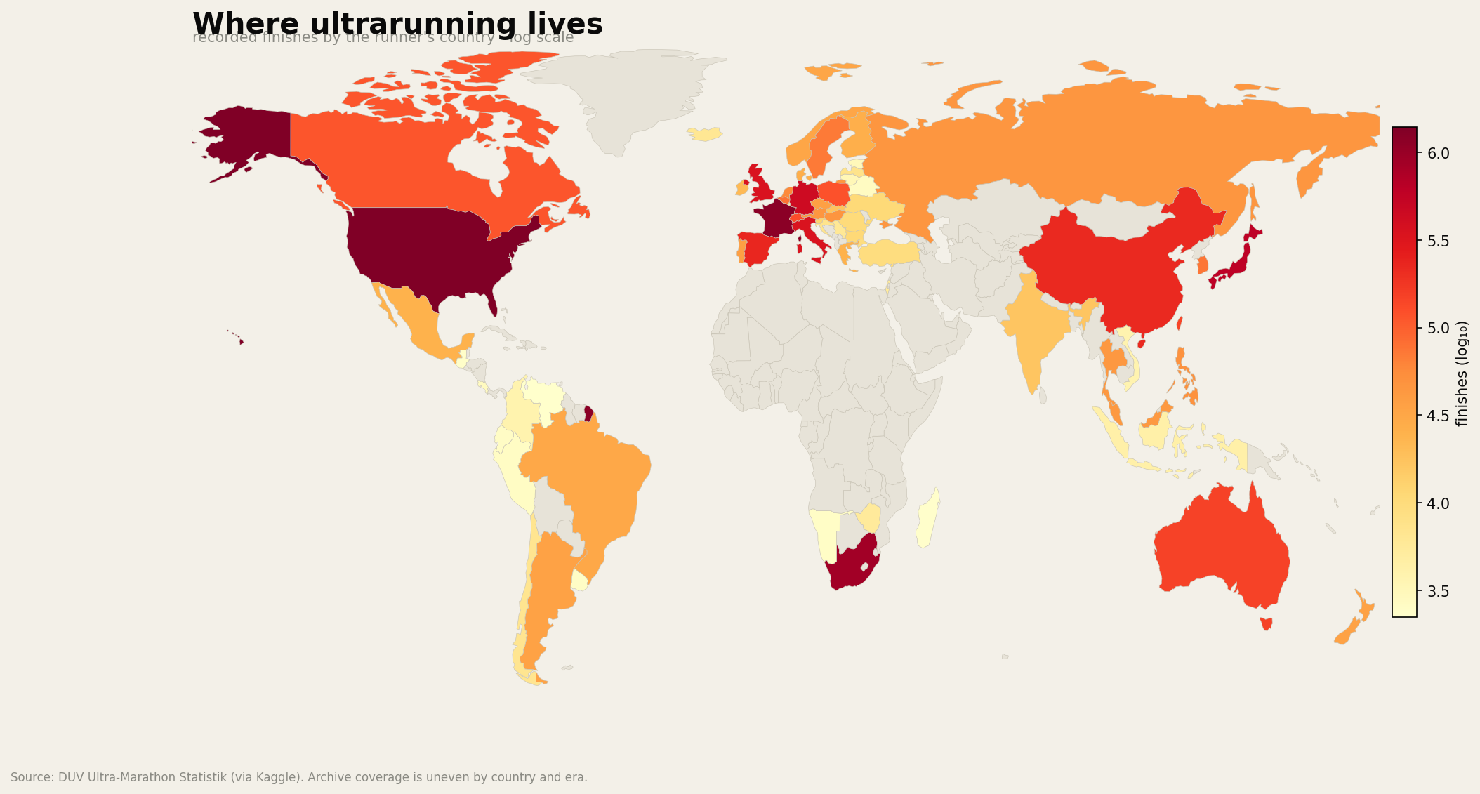 World map of recorded ultra finishes by the runner's country, log scale